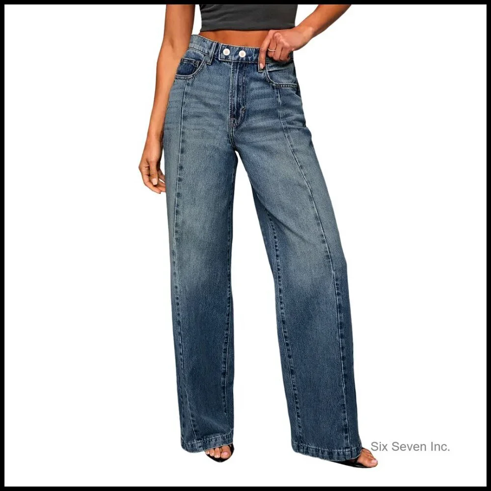 Wide Leg Jeans High Waisted Stretchy Baggy Front Seam Denim Pants Y2K